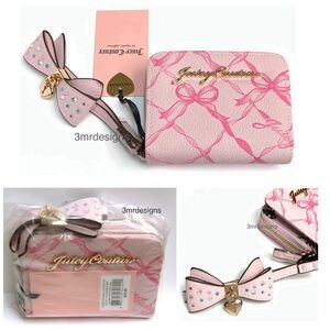 NWT Juicy Couture LOVELY BOW Pink Faux Leather Small Zip-around Wristlet/Wallet